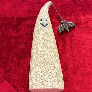 Smiling Ghost Figurine with Bat Accent